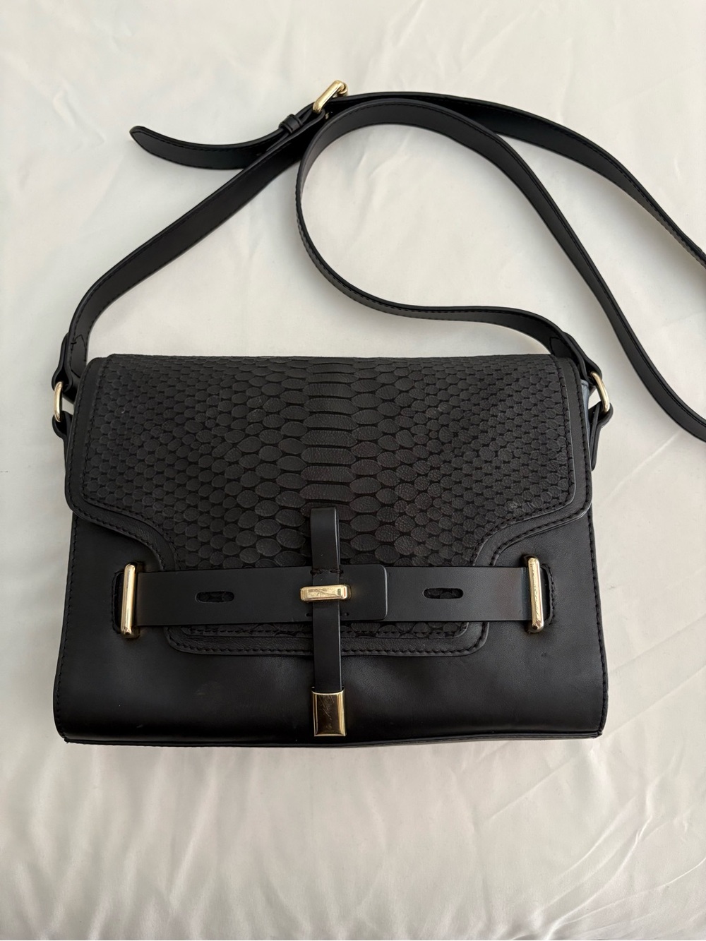 Black Textured Leather Crossbody Bag with Gold Hardware
